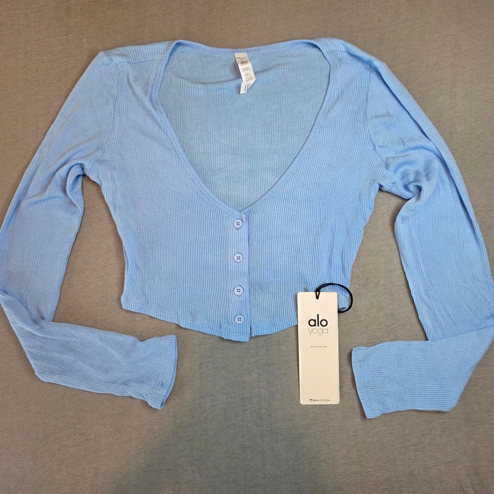 Alo Yoga Ribbed Cropped Whisper Cardigan Blue Skies W3587R Womens Large NWT